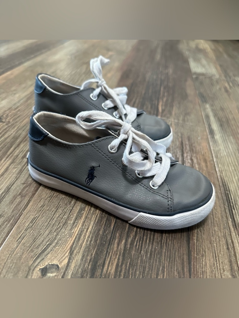 Polo Ralph Lauren gray leather lace up sneakers toddler boys 10 navy pony